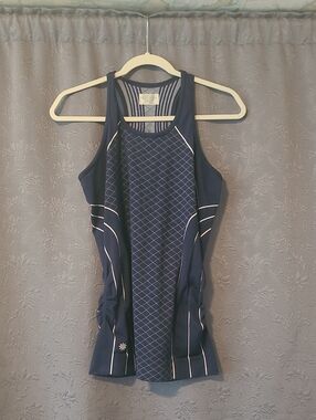 Athleta Finish Fast Line Navy and White  Tank